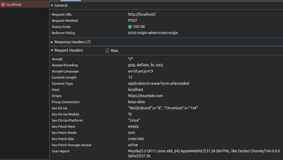 Screenshot of Chromium network tab showing a successful POST request